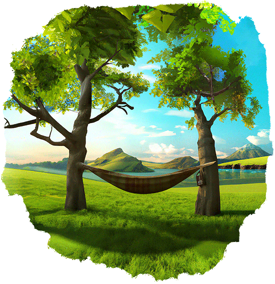 illustration of a hammock in front of a beautiful landscape